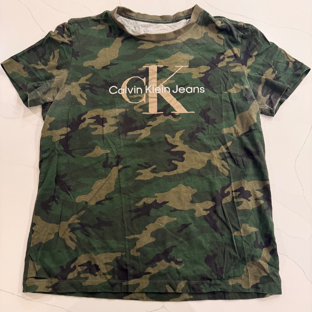 Calvin Klein Jeans Mens Camo Logo T-Shirt Green Camouflage CK Graphic Tee‎ Small
